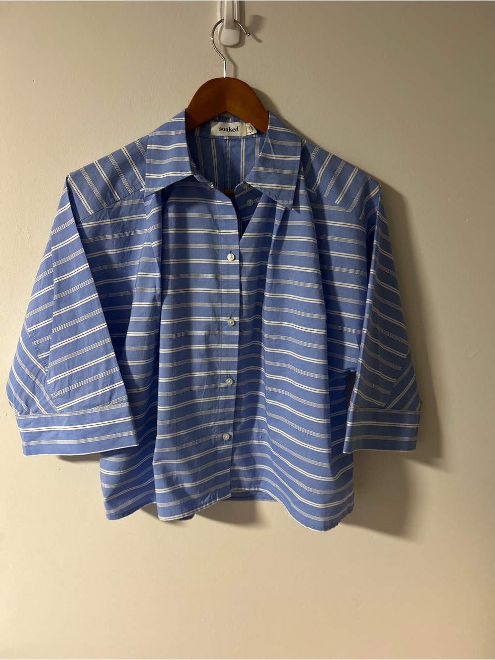 Soaked in Luxury SLMerona Blue Striped Cropped Boxy Shirt - Size XS